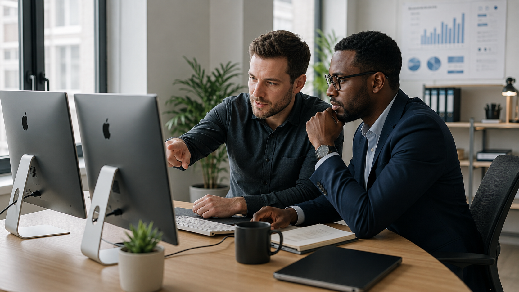 Two professionals reviewing data on dual iMac monitors in a modern office