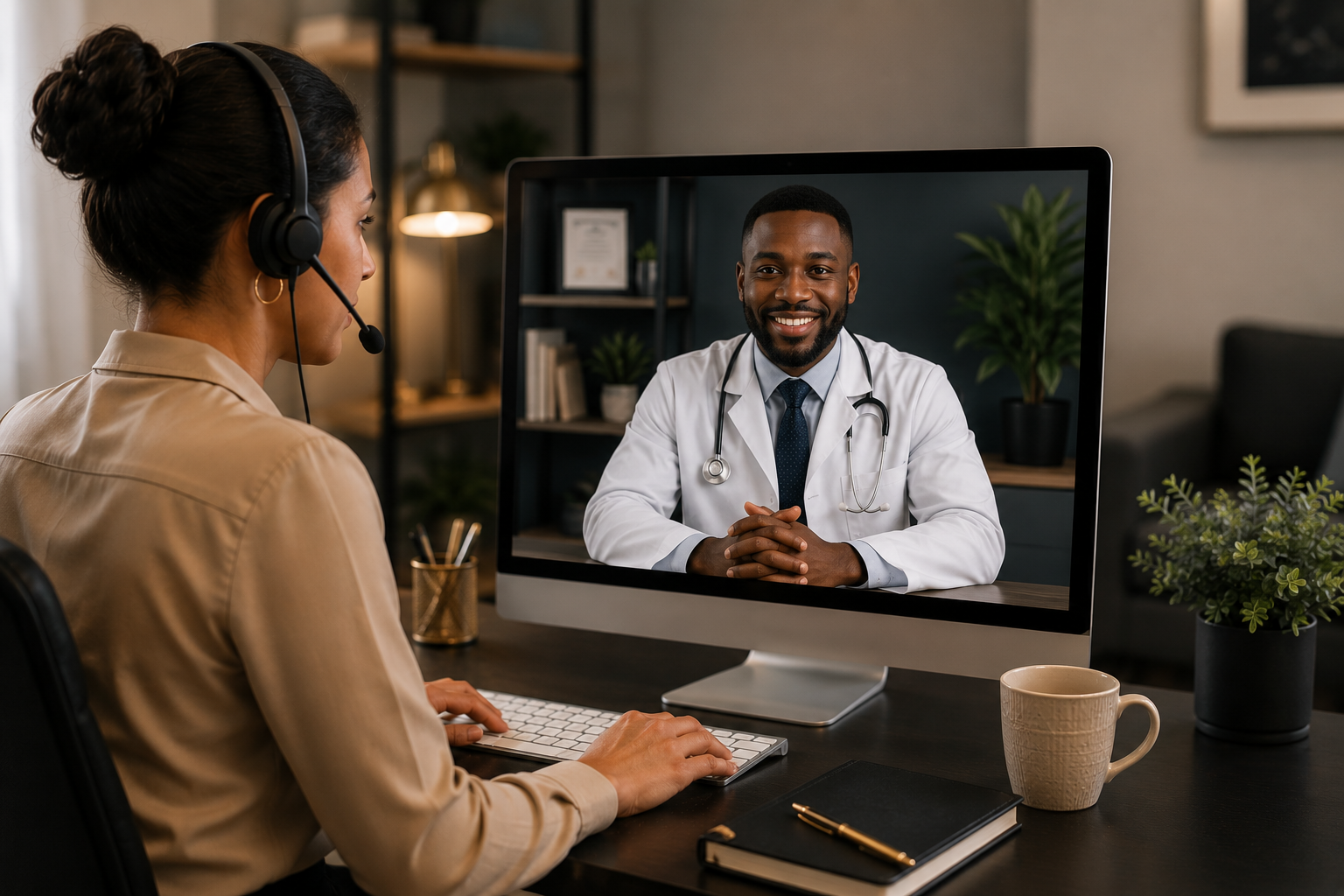 Virtual assistant with headset on a video call with a client
